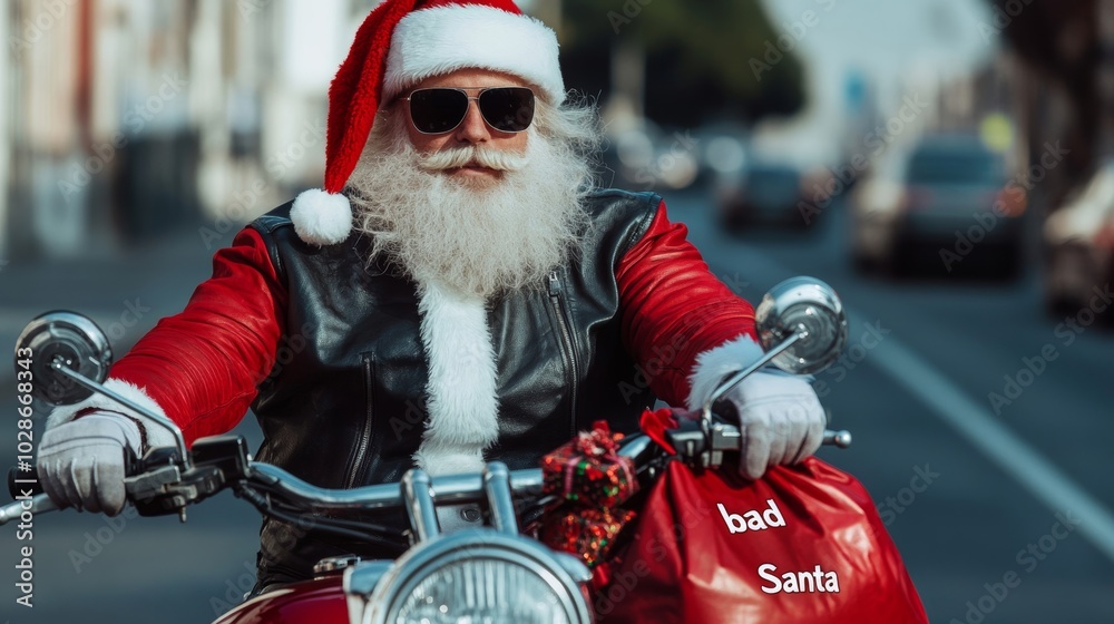 Fototapeta premium Santa wearing sunglasses and a leather jacket over his red suit, sitting on a motorcycle with a bag of gifts slung over his shoulder, embodying a rebellious bad Santa 
