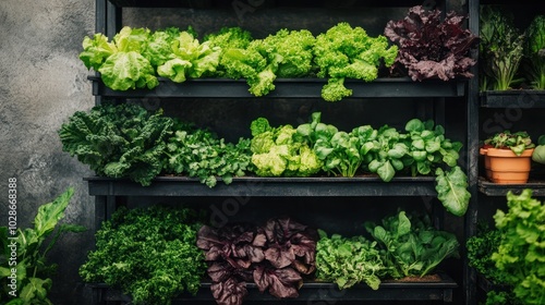 Sustainable urban farming in a minimalist environment, using small spaces to grow food and promote eco-friendly living photo