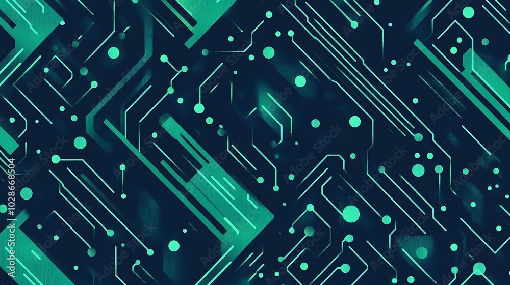 Abstract circuit board pattern with green lines and dots on a dark background. Abstract circuit board pattern with green lines and dots on a dark background.