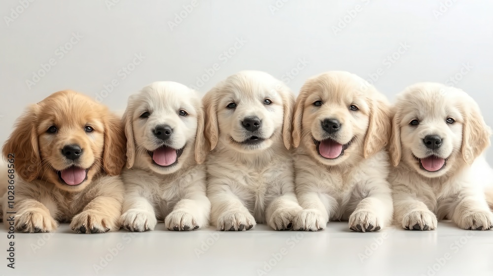 Five golden retriever puppies sit lined up, each with bright smiles and fluffy coats, exuding happiness and innocence, perfect for dog lovers and pet enthusiasts. Five golden retriever puppies sit lined up, each with bright smiles and fluffy coats, exuding happiness and innocence, perfect for dog lovers and pet enthusiasts.