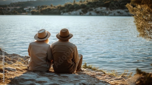 Serene Couple Enjoying Lakeside Sunset in Nature