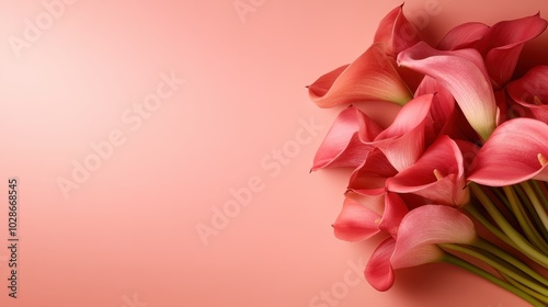 This image captures a collection of pink calla lilies beautifully arranged and spread out over a soft pink surface, highlighting their graceful curves and colors. photo