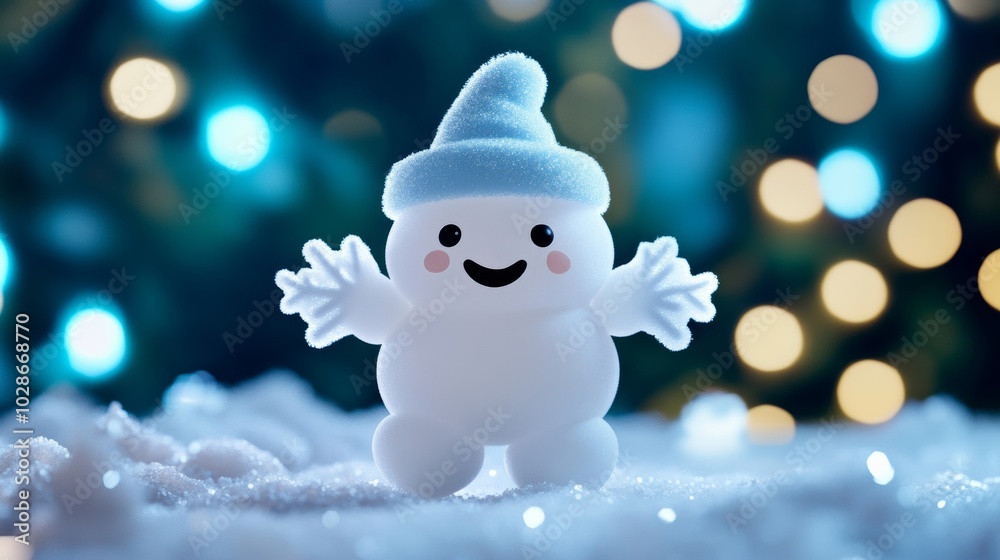 Obraz premium Snowflake character with crystalline arms and legs, wearing a tiny snow hat, gleaming as it floats in a magical winter forest filled with icy beauty