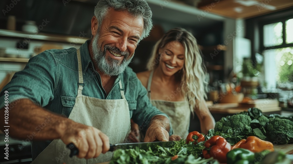 A cheerful couple enjoying their time together in a modern kitchen while preparing a fresh salad, surrounded by vibrant vegetables and a cozy ambiance. A cheerful couple enjoying their time together in a modern kitchen while preparing a fresh salad, surrounded by vibrant vegetables and a cozy ambiance.