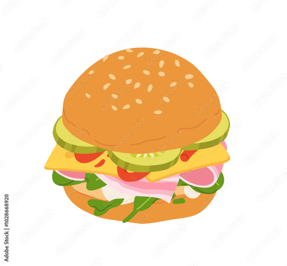 Sandwiches with Various Ingredients. Vector cartoon illustration of sub, sandwich, bagel, toast and burger with meat, cheese and vegetables. Sandwiches with Various Ingredients. Vector cartoon illustration of sub, sandwich, bagel, toast and burger with meat, cheese and vegetables.