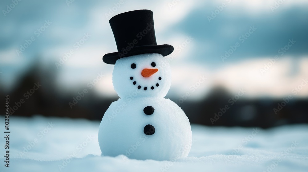 Snowman missing his carrot nose, standing crooked as snow slowly melts around him, with his top hat falling to one side under the cloudy winter sky Snowman missing his carrot nose, standing crooked as snow slowly melts around him, with his top hat falling to one side under the cloudy winter sky