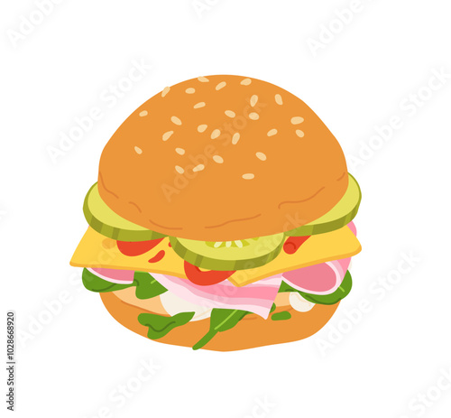Sandwiches with Various Ingredients. Vector cartoon illustration of sub, sandwich, bagel, toast and burger with meat, cheese and vegetables.