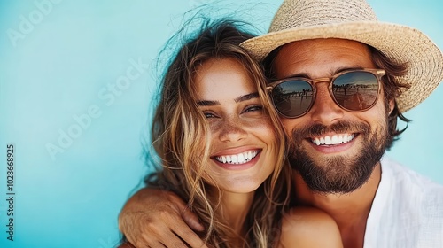 A joyful couple is shown posing closely against a vibrant blue background, both wearing sun hats. Their bright smiles convey happiness and warmth in a sunny setting.