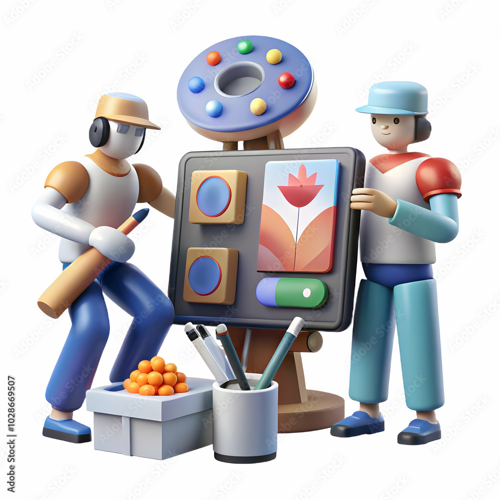 Obraz premium Candid Shot of Canadian Artists Collaborating with AI Tools for Digital Art Creation: Capturing the Creative Process & Artistic Progress in Photo Stock Concept