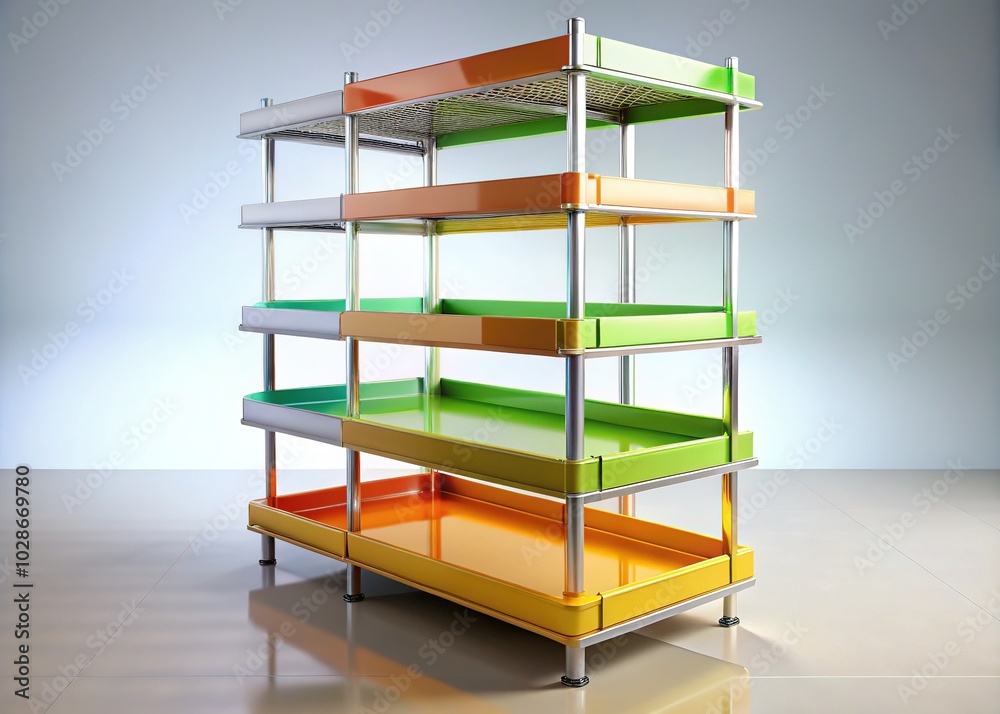 3 Tier Metal Shelf Display Stand for Supermarket - Empty PDQ Showcase with 3D Rendered Views for Product Merchandising and Store Organization 3 Tier Metal Shelf Display Stand for Supermarket - Empty PDQ Showcase with 3D Rendered Views for Product Merchandising and Store Organization