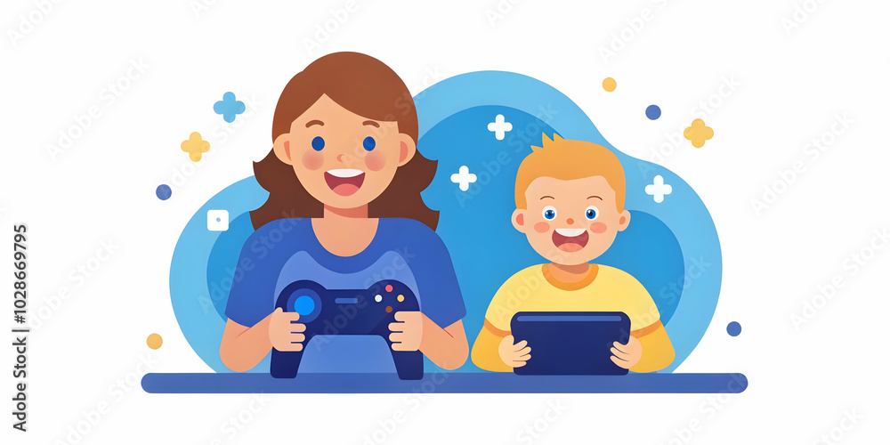 Aunt and Nephew Gaming Together - Lively Scene with Glossy Background and Copy Space for Promotional Text in Photo Stock Concept Aunt and Nephew Gaming Together - Lively Scene with Glossy Background and Copy Space for Promotional Text in Photo Stock Concept