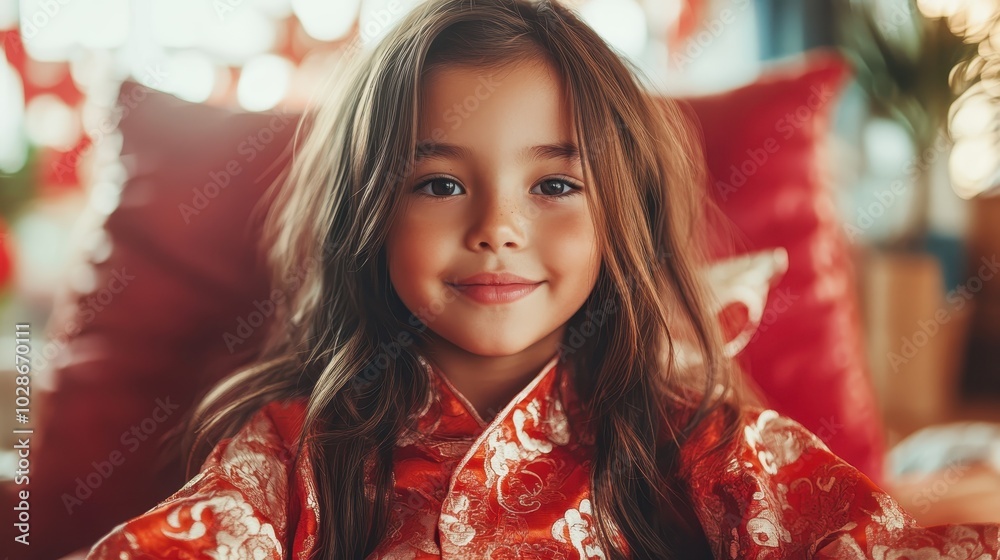 A young girl wearing vibrant red and intricately patterned traditional clothing smiles warmly, surrounded by a cozy and festive indoor setting. A young girl wearing vibrant red and intricately patterned traditional clothing smiles warmly, surrounded by a cozy and festive indoor setting.