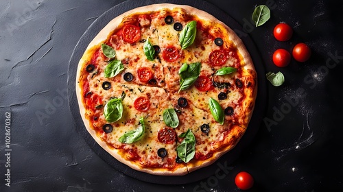 a large portion of pizza with vegetable toppings photo