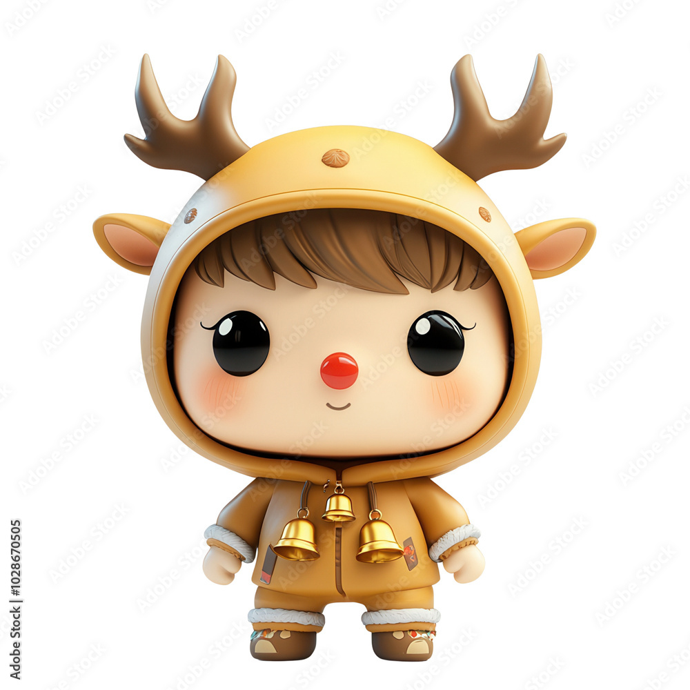 Fototapeta premium A cute cartoon character dressed as a reindeer, featuring antlers and a joyful expression, perfect for festive designs.