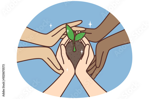 Multiracial people hands hold ground with seedling