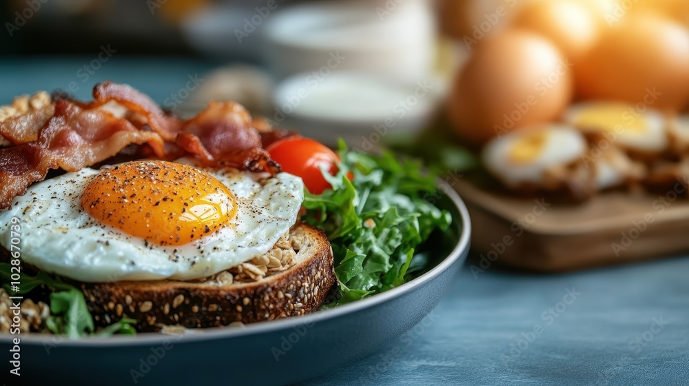 A gourmet breakfast bowl composed of fresh greens, crispy bacon, and a perfectly fried egg, offering a healthy, delicious, and aesthetically pleasing morning meal concept. A gourmet breakfast bowl composed of fresh greens, crispy bacon, and a perfectly fried egg, offering a healthy, delicious, and aesthetically pleasing morning meal concept.