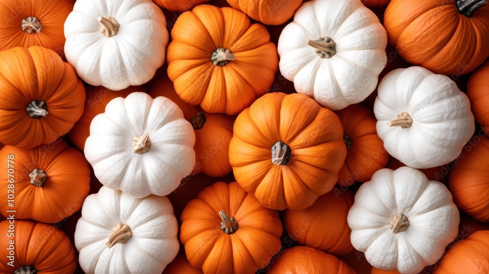 An array of orange and white pumpkins fills the frame in a beautiful mix, highlighting the diversity of seasonal produce and the rich textures of autumn's bounty. An array of orange and white pumpkins fills the frame in a beautiful mix, highlighting the diversity of seasonal produce and the rich textures of autumn's bounty.