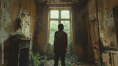 A Man Stands in a Decayed Room, Sunbeams Pouring Through a Window