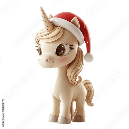 A cute cartoon unicorn wearing a festive Santa hat, perfect for holiday-themed illustrations and designs.