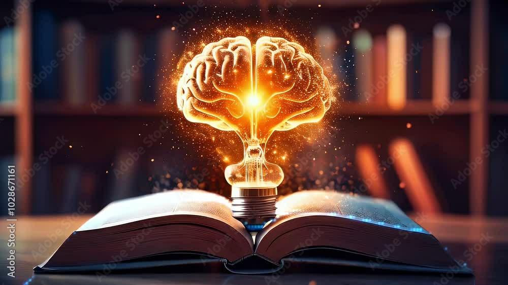 A glowing brain shaped light bulb appears from an open book, symbolizing knowledge and new ideas.