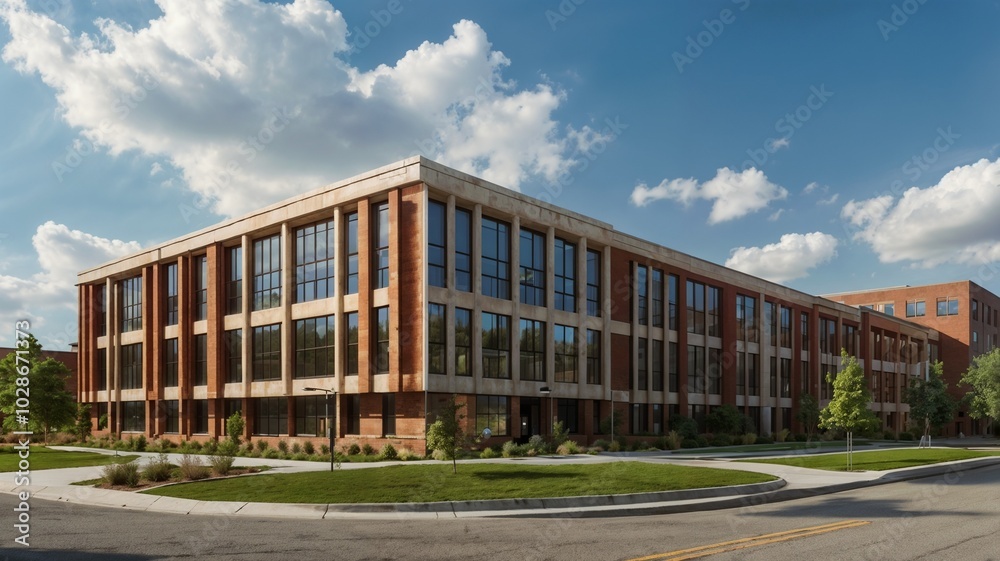 View of architecture of American collage building exterior concept. AI generated image View of architecture of American collage building exterior concept. AI generated image