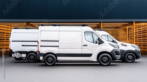 Three white cargo vans parked side by side in front of an industrial loading dock with wooden shelving racks visible inside the building.