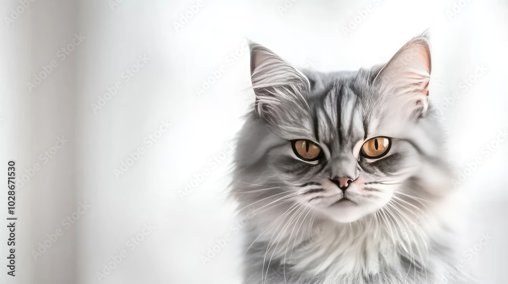 A close-up portrait of a silver fluffy cat with striking golden eyes. A close-up portrait of a silver fluffy cat with striking golden eyes.
