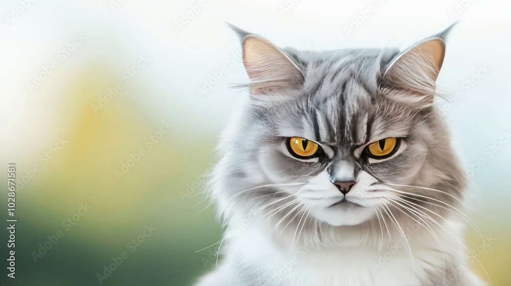 Grumpy cat with striking yellow eyes, soft fur against a blurred background. Grumpy cat with striking yellow eyes, soft fur against a blurred background.