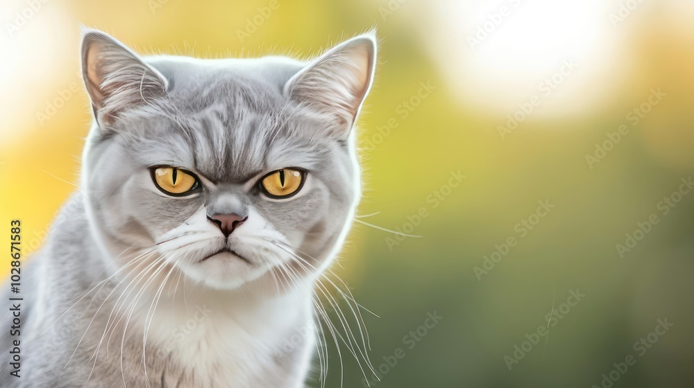 Obraz premium Close-up of a serious gray cat with striking yellow eyes, soft background.
