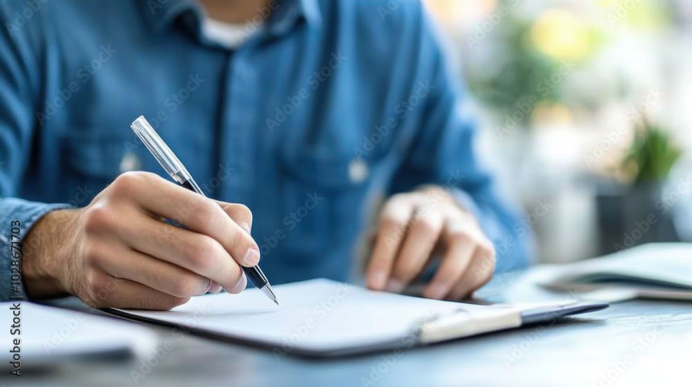 Close-up of hands taking notes in a blue shirt for business planning Close-up of hands taking notes in a blue shirt for business planning
