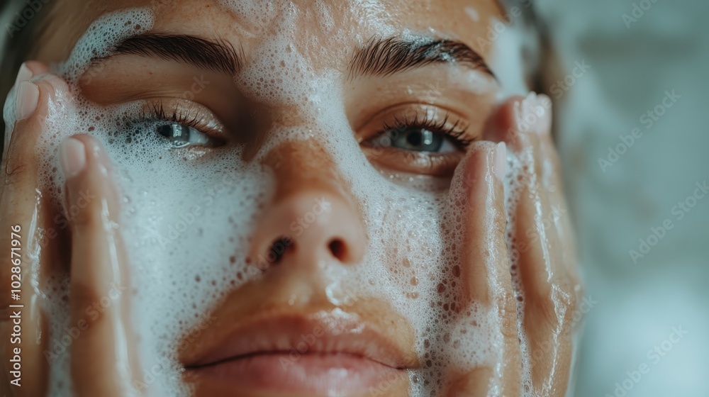 A close-up view of a woman gently lathering her face with cleansing foam, capturing the essence of personal care and skincare in a calming, intimate moment. A close-up view of a woman gently lathering her face with cleansing foam, capturing the essence of personal care and skincare in a calming, intimate moment.