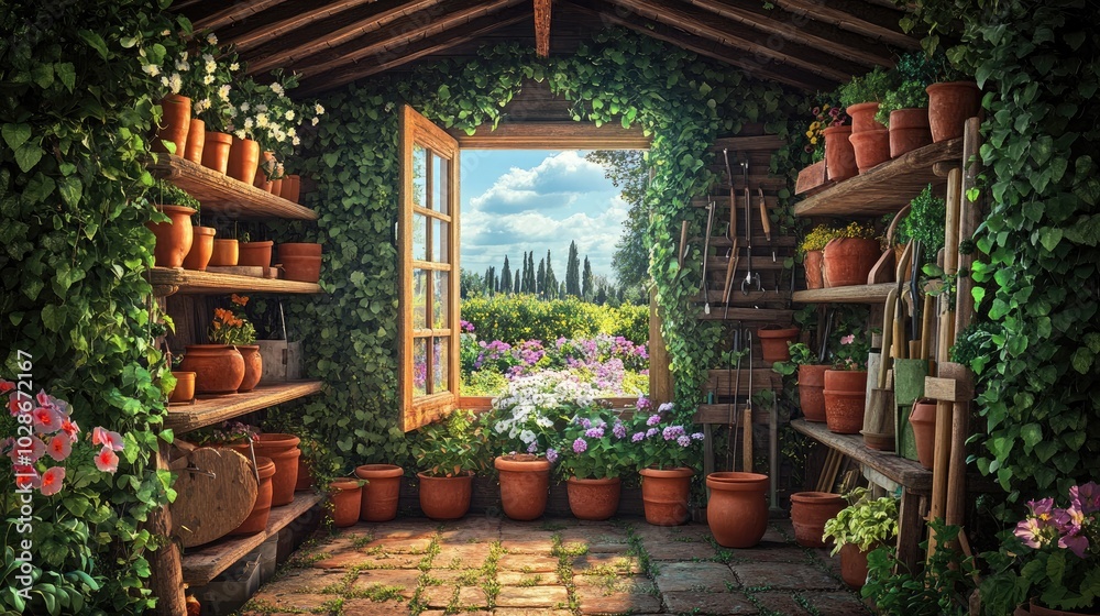 An enchanting garden shed surrounded by creeping ivy