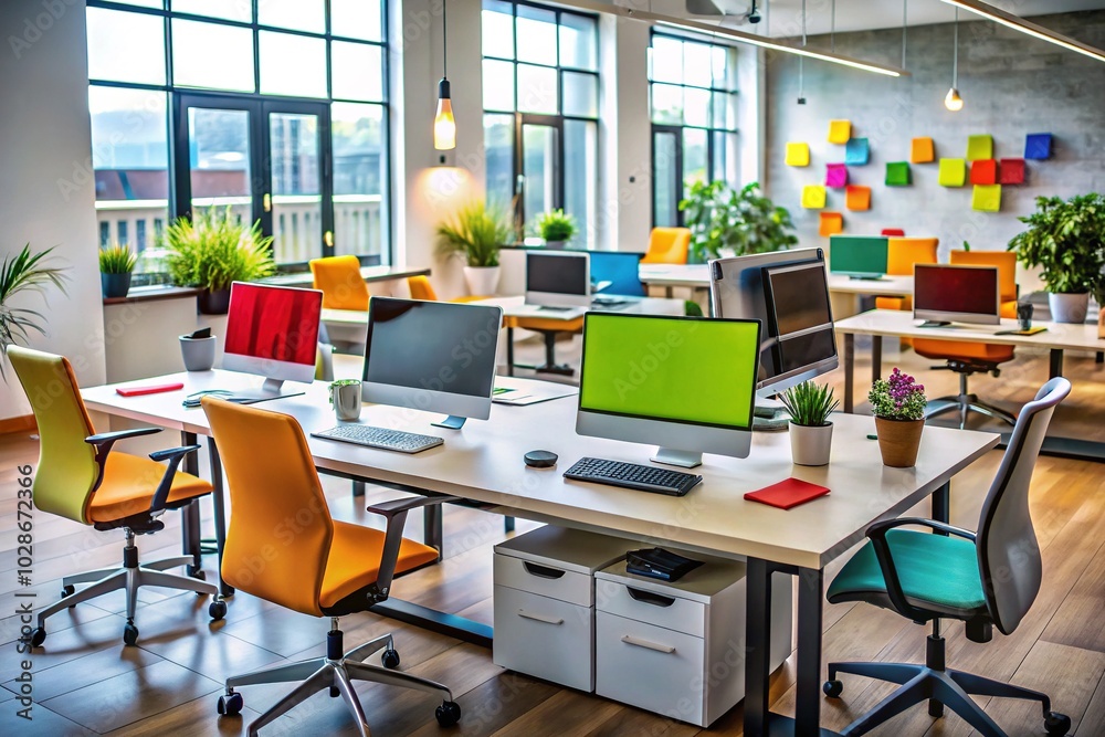 Aerial View of Modern Collaborative Office Space Highlighting Teamwork and Productivity with Advanced Technology and Organized Workstations Aerial View of Modern Collaborative Office Space Highlighting Teamwork and Productivity with Advanced Technology and Organized Workstations