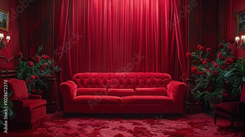 A bold red velvet sofa surrounded by lush roses in an elegant, richly adorned room at sunset. Generative AI