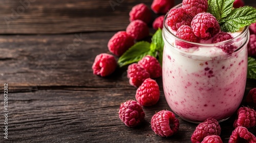 A rustic serving of raspberry yogurt adorned with vibrant raspberries and mint leaves, set against a wooden background, embodying freshness and natural taste. photo