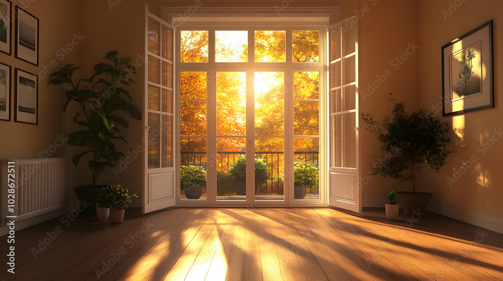 Sunlit room with open windows showcasing autumn scenery. Sunlit room with open windows showcasing autumn scenery.