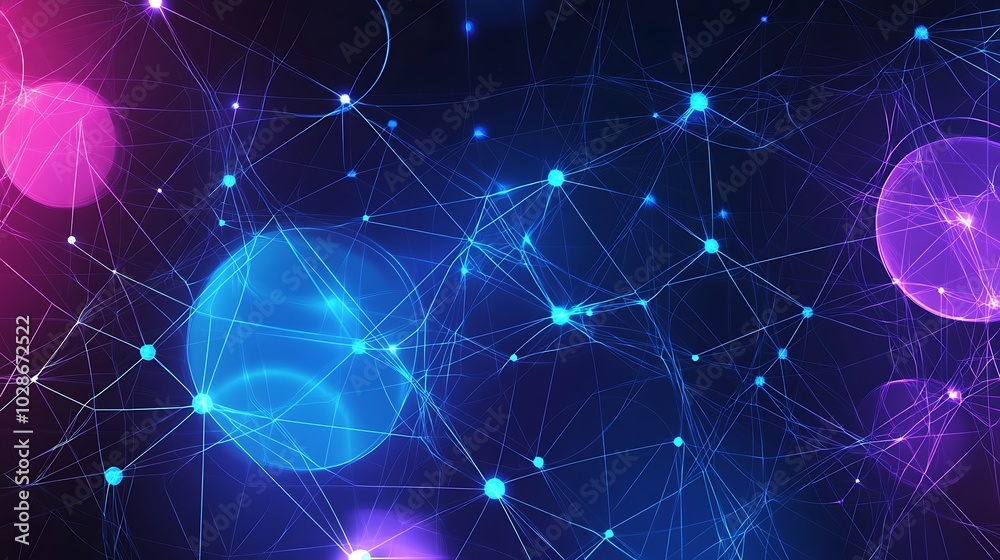 Abstract dark blue background with glowing connected dots and spheres.
