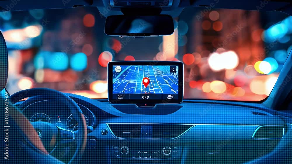 Interior of a car with a GPS navigation system displaying a map of a city at night.
