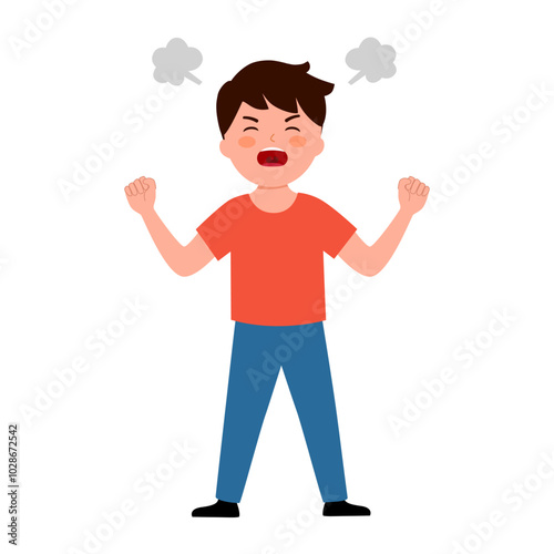 Angry boy kid screaming in flat design on white background.