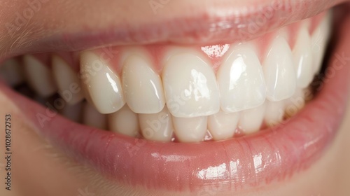 Close-up of a person's smile revealing white teeth and pink lips