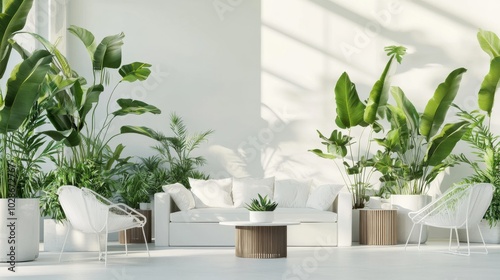 A bright, modern lounge with white furniture and lush green plants in a minimalist style.