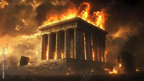 A burning ancient temple amidst a dramatic, fiery landscape.