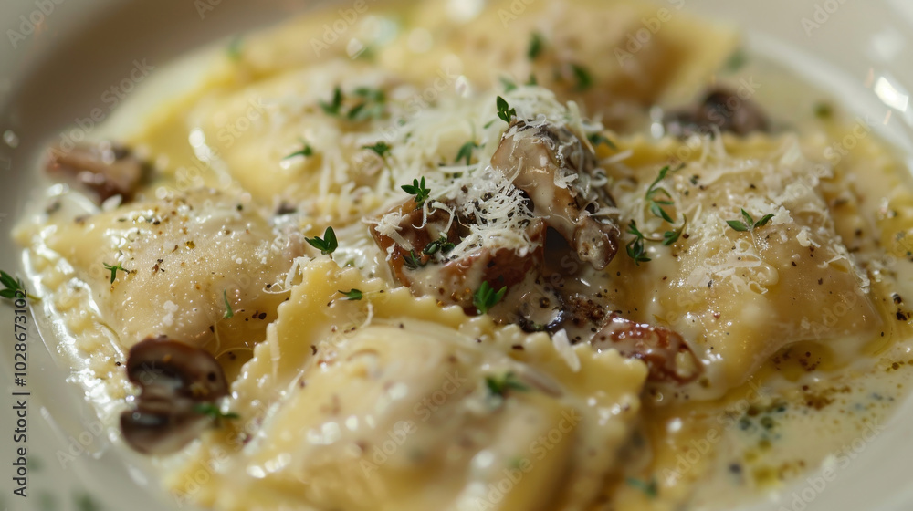 Close-up of Duck Confit Ravioli: homemade ravioli filled with shredded duck confit, served in creamy mushroom or truffle sauce, topped with grated Parmesan and fresh herbs. Close-up of Duck Confit Ravioli: homemade ravioli filled with shredded duck confit, served in creamy mushroom or truffle sauce, topped with grated Parmesan and fresh herbs.