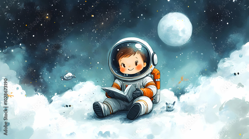 A cheerful child in an astronaut suit reading a book among clouds. A cheerful child in an astronaut suit reading a book among clouds.