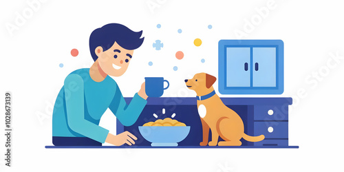 Candid Kitchen Moment: Person Feeding Pet with Cozy Home Vibe, Ideal for Pet Care and Food Ads - Copy Space Available