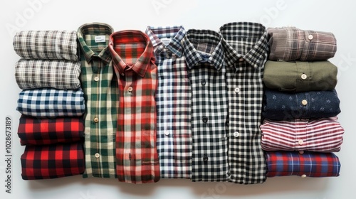 A Collection of Folded Plaid Shirts in Various Colors and Patterns photo