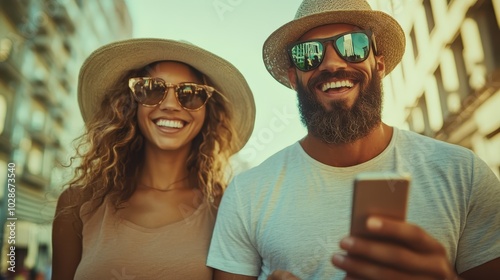 A stylish couple enjoys a sunny stroll through the city streets, exuding happiness and togetherness, their smiles mirroring the warm urban atmosphere around them. photo