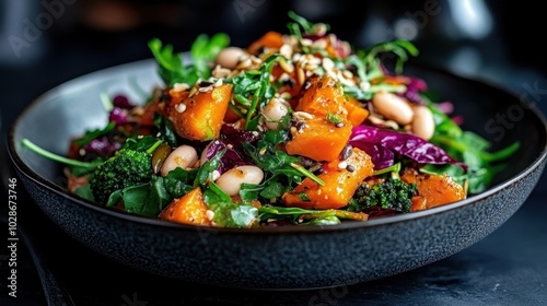 A vibrant salad filled with various vegetables, seeds, and greens captured in a decorative black bowl, illustrating themes of health, wellness, and natural eating.