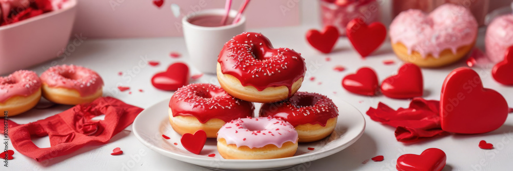 Plate of heart shaped donuts, table set for Valentine's Day Plate of heart shaped donuts, table set for Valentine's Day