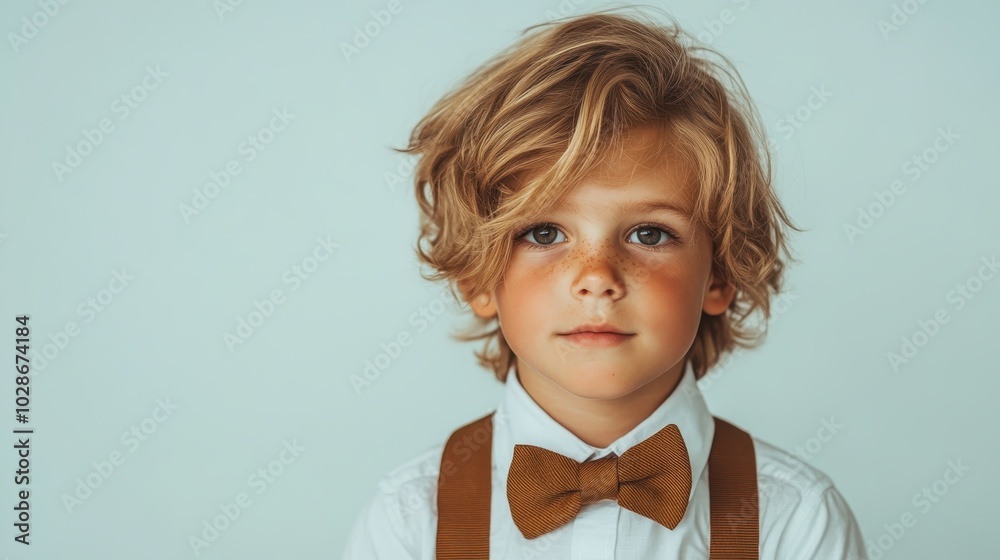 A young boy wearing a classic bow tie and suspenders, smiling gently against a simple backdrop, portraying innocence and timelessness in his vintage attire. A young boy wearing a classic bow tie and suspenders, smiling gently against a simple backdrop, portraying innocence and timelessness in his vintage attire.